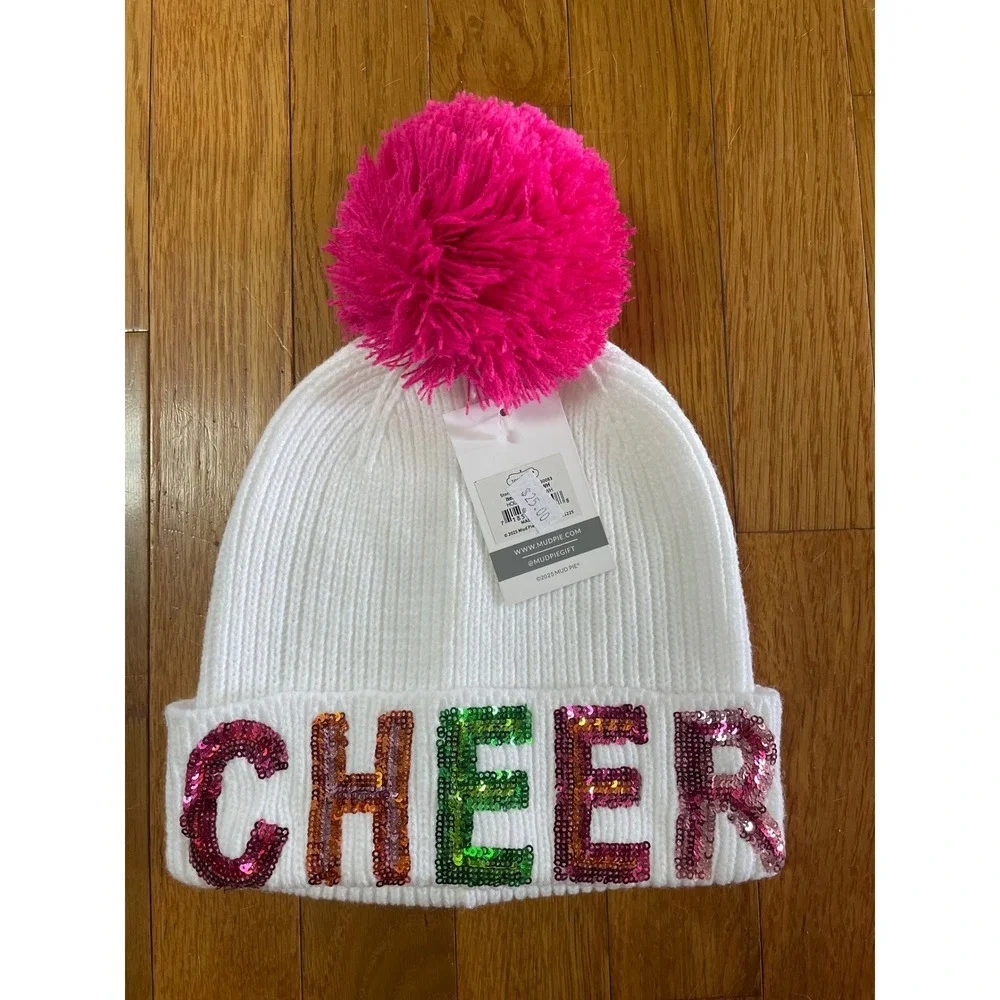 Mud Pie White Cheer Sequin Beanie Pink Pom Pom Ribbed Knit‎ Winter Hat NWT